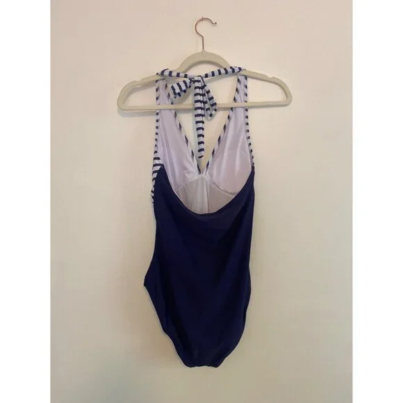 Women’s Navy & White Striped Halter One-Piece Swimsuit With Padded Cups Size S - Picture 2 of 6